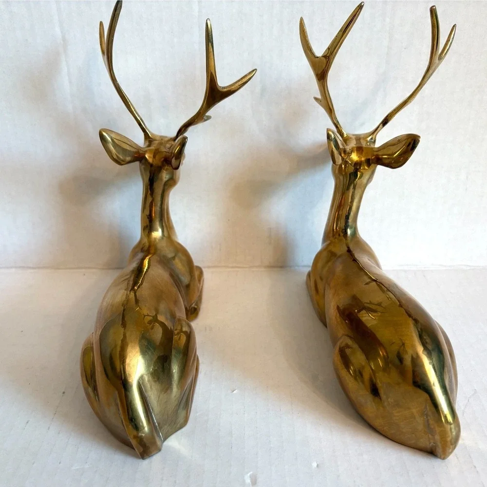 Vintage Large Solid Brass Reclining Deer Figurines Set of 2 MCM Buck Statues 8
